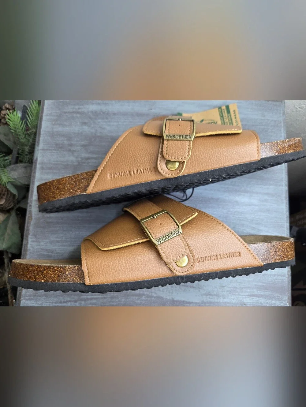 Woodstock Brown Leather Slide Sandals - Adjustable Comfort Mens Size 12 NWT